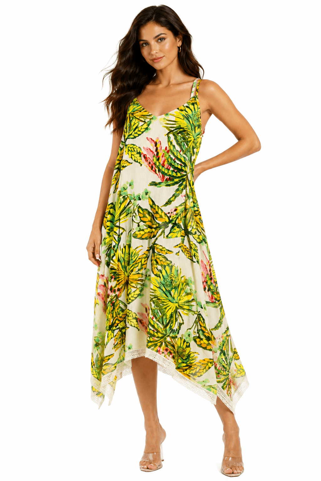 Green tropical palm-print spaghetti-strap handkerchief-hem midi beach vacation dress by Club Moda — front view