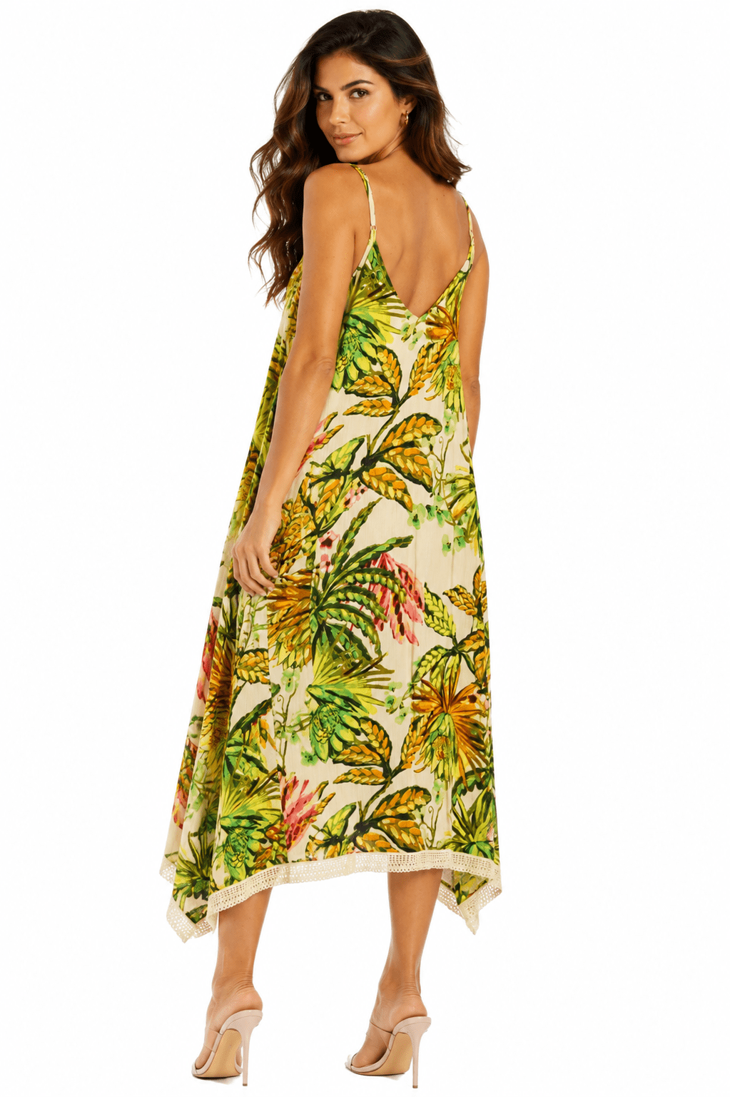 Green Tropical Palm-Print Handkerchief-Hem Midi Dress — Beach Vacation Dress - Designer Midi Dress | Elegant Kaftan Cover Up Dress | Club Moda USA