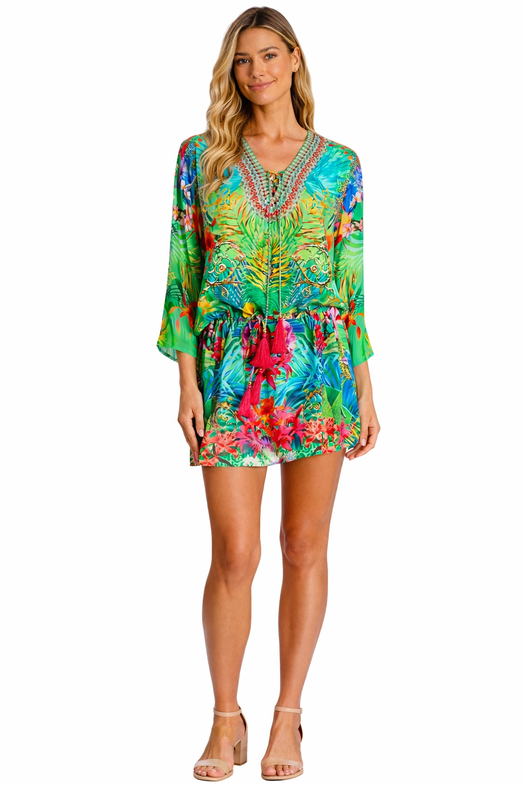 Green Tropical Print Mini Dress – Flowy Boho Resort Dress - Detail View | Club Moda USA