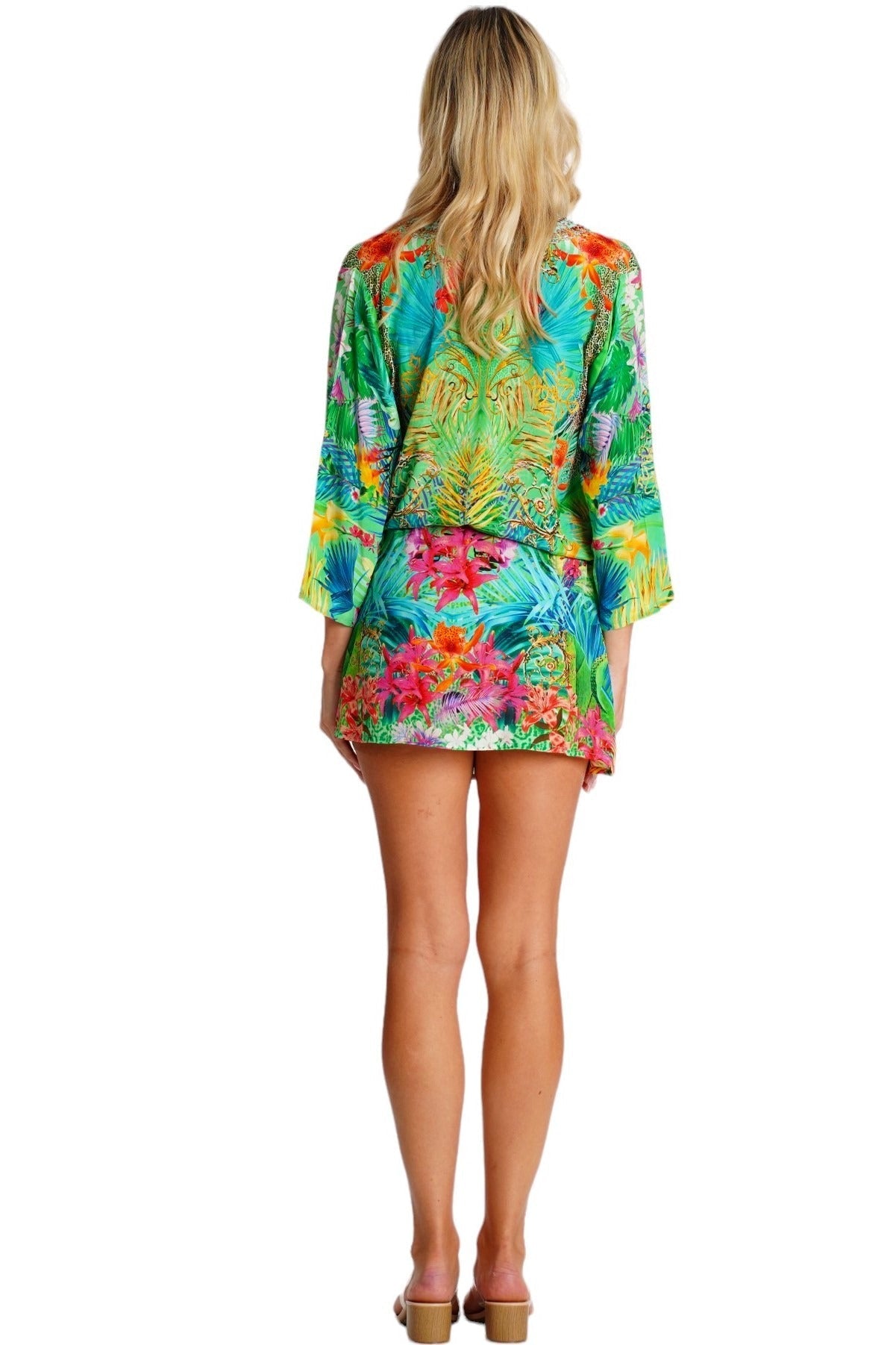 Green Tropical Print Mini Dress – Flowy Boho Resort Dress - Side View | Club Moda USA