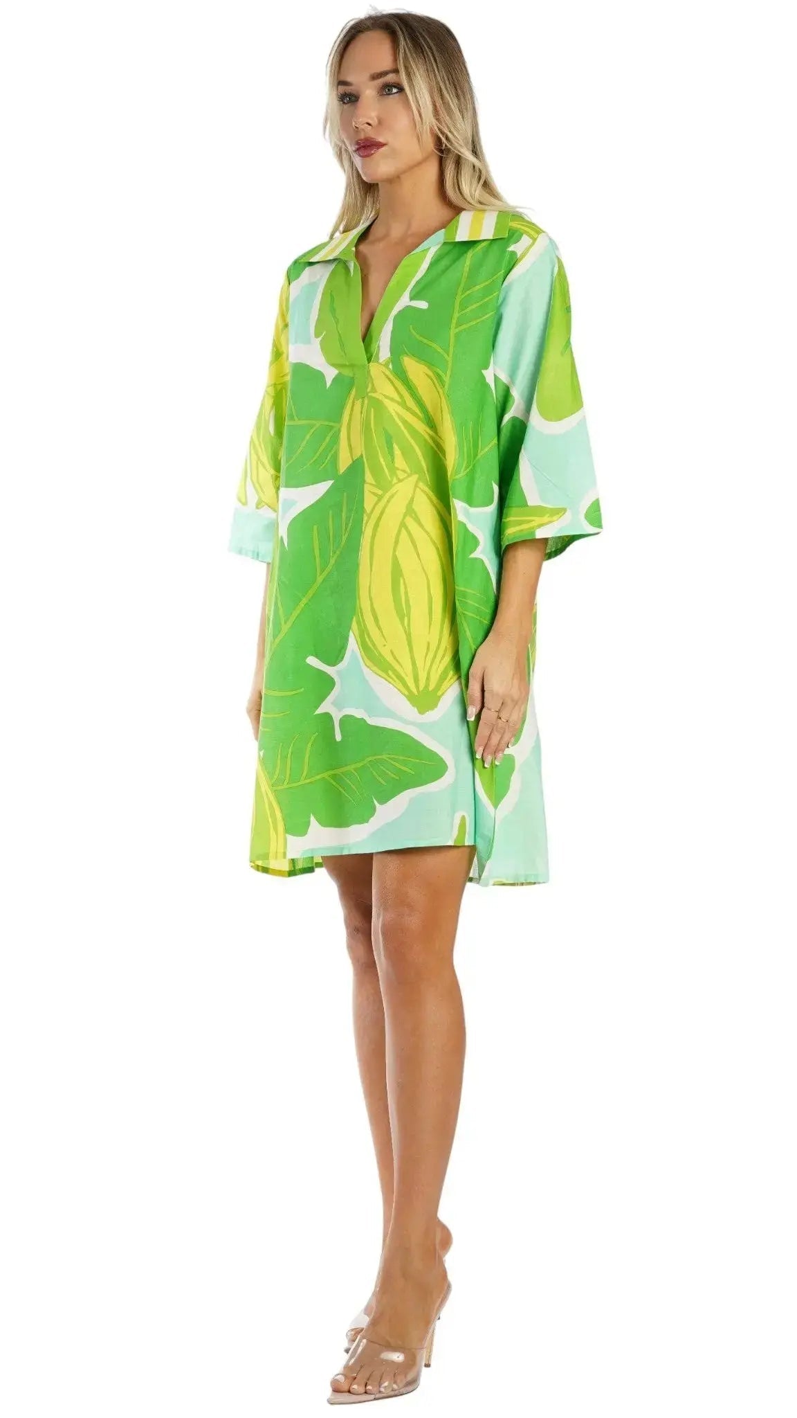 Green Tropical Tunic Dress – Luxury Resort Wear Vacation Cover Up - Designer Cover-Up | Elegant Kaftan Cover Up Dress | Club Moda USA
