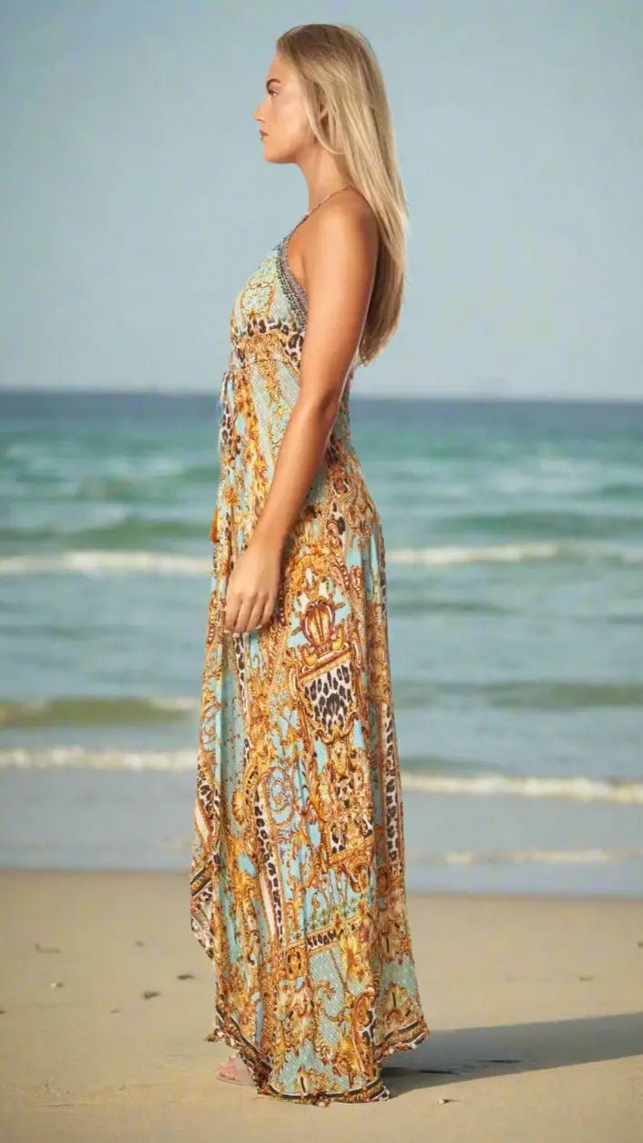 Halter Maxi Dress - Designer Maxi Dress | Elegant Kaftan Cover Up Dress | Club Moda USA