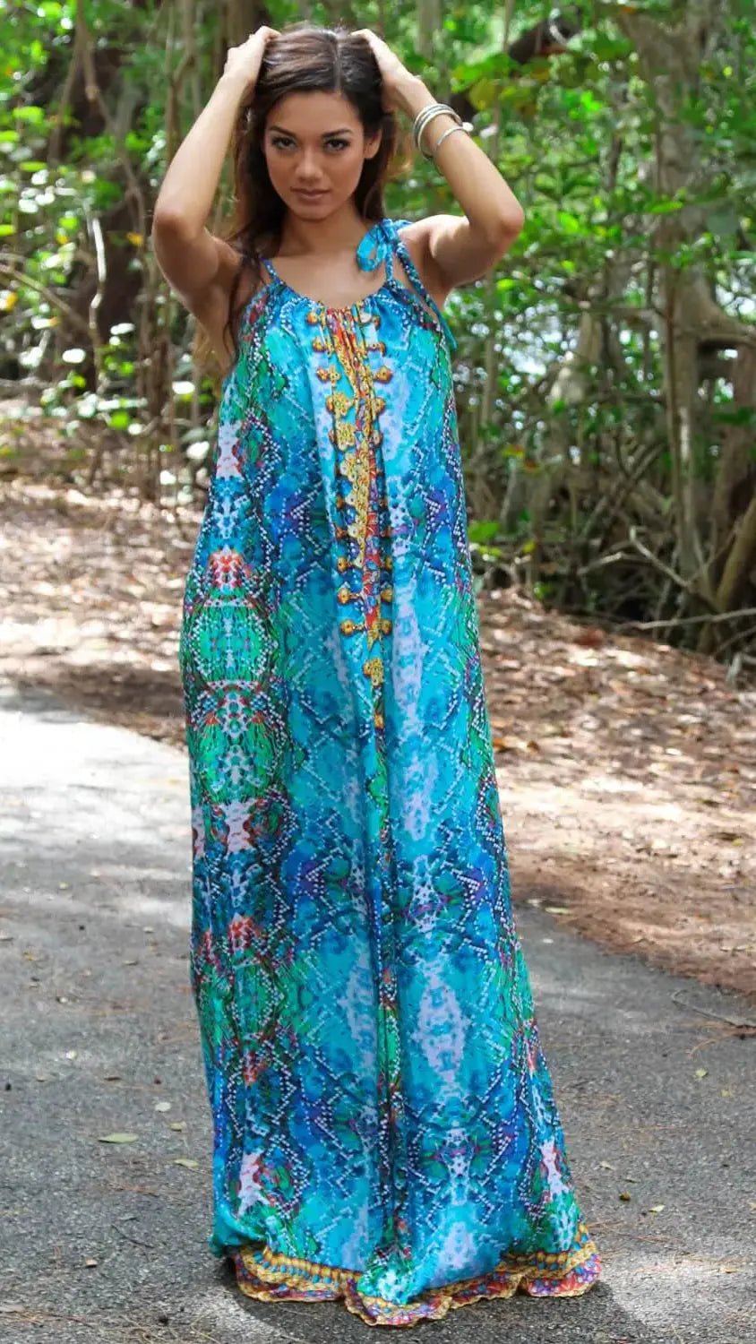 Halter Neck Maxi Dress For Beach Cover Up - Designer Maxi Dress | Elegant Kaftan Cover Up Dress | Club Moda USA
