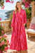 Hot Pink Ikat Brushstroke Flowy Long-Sleeve Maxi Kaftan with Pockets