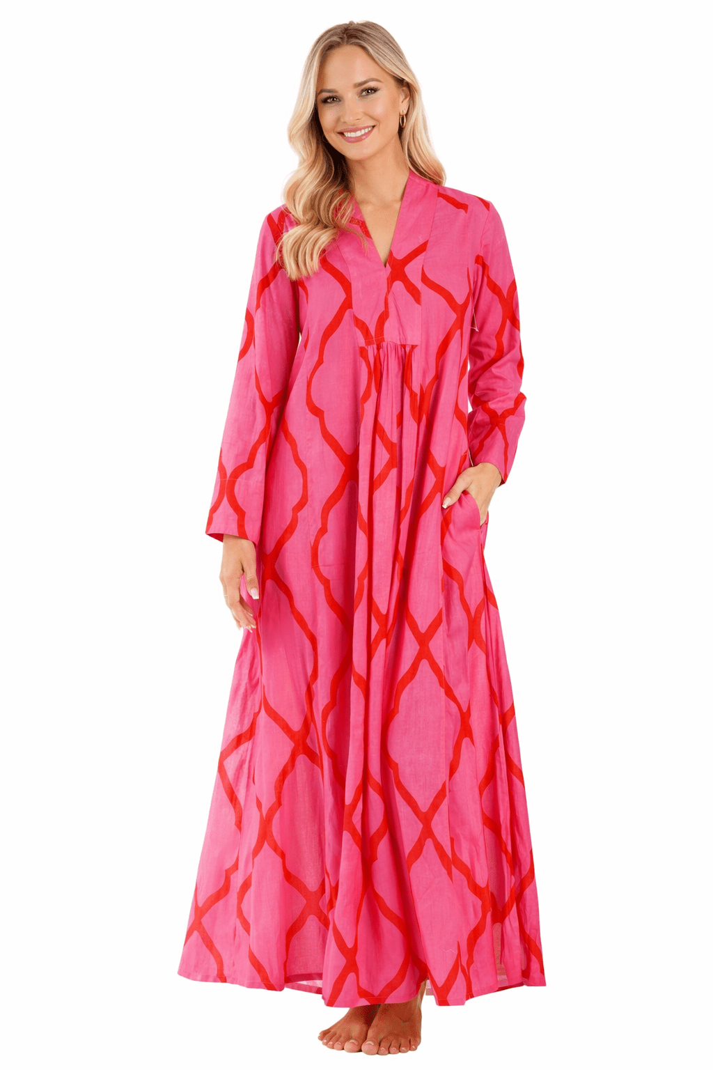 Hot Pink ikat brushstroke print flowy long-sleeve maxi kaftan — front view | Luxury resort wear from Club Moda