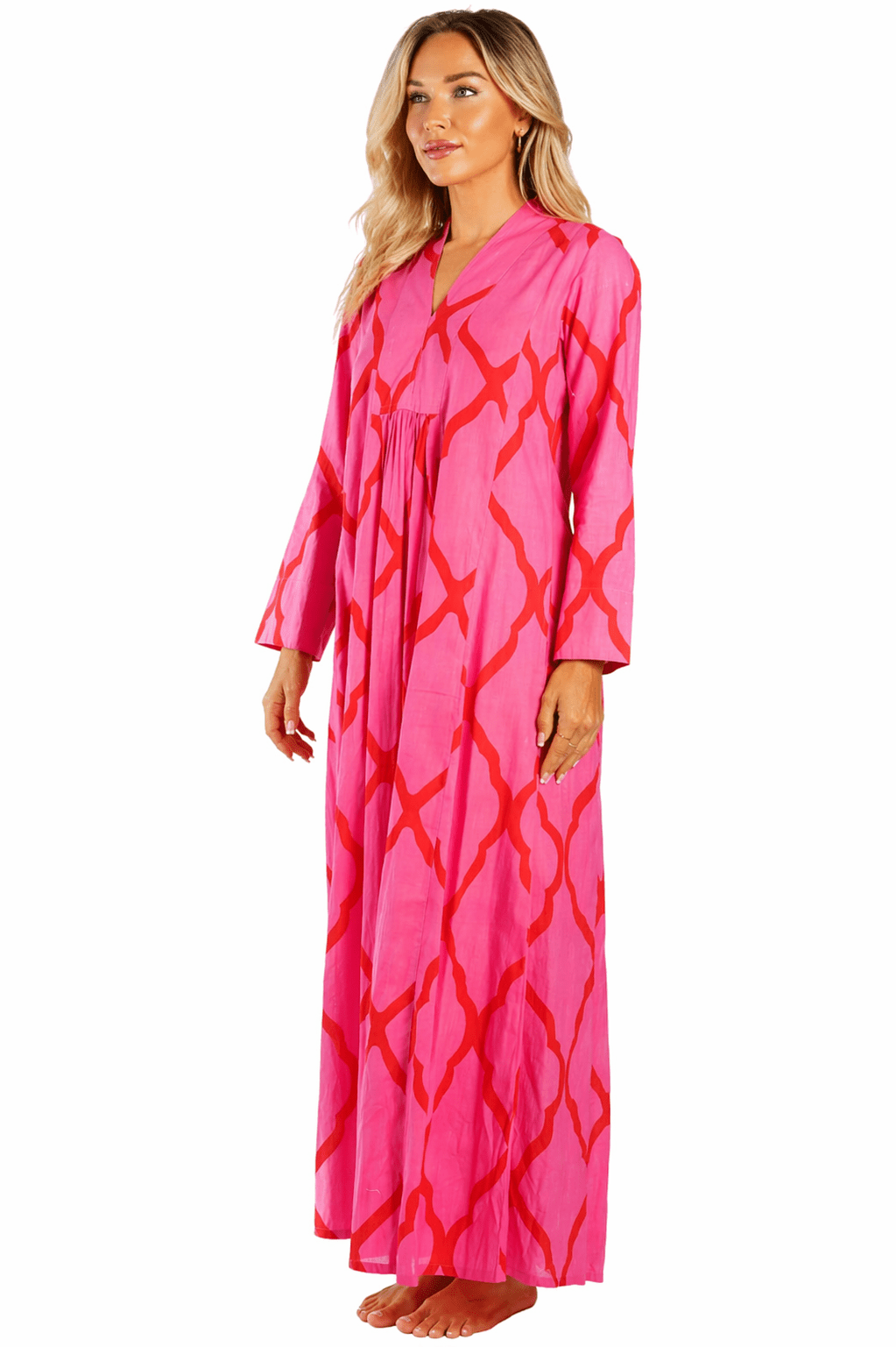 Hot Pink Ikat Brushstroke Flowy Long-Sleeve Maxi Kaftan with Pockets - Designer Caftan | Elegant Kaftan Cover Up Dress | Club Moda USA