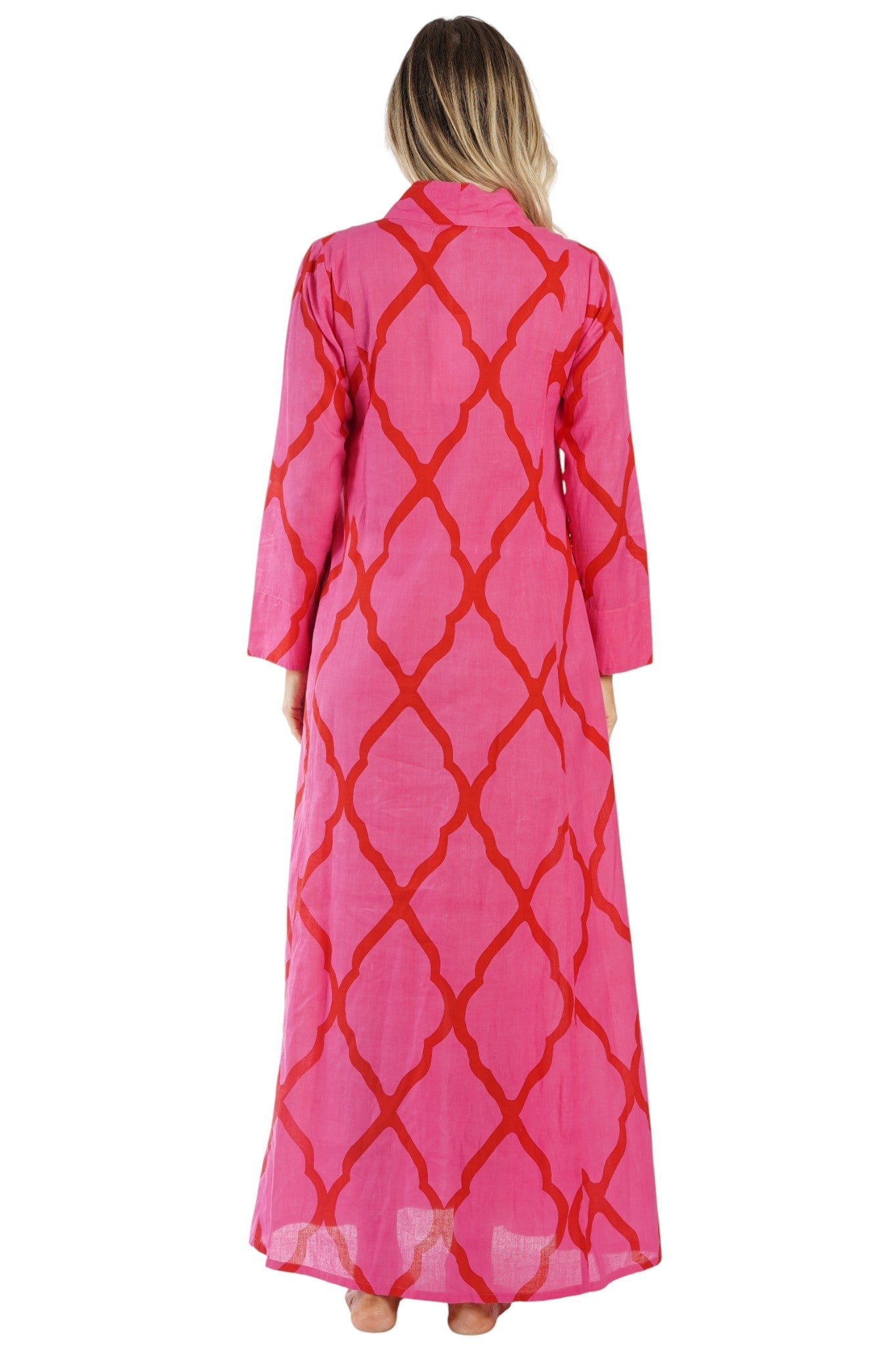 Hot Pink ikat brushstroke print flowy long-sleeve maxi kaftan — back view | Vacation-ready resort dress