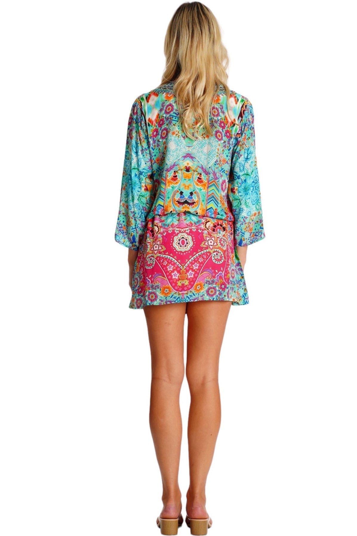 Hot Pink Tropical Mini Dress – Abstract Print Boho Beach Dress - Side View | Club Moda USA