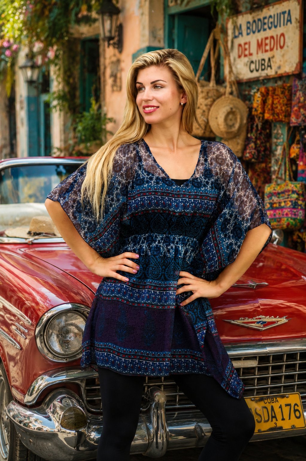 Long, loose summer resort kaftan, shown from another angle