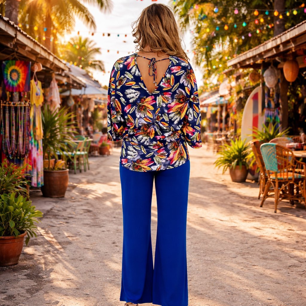 Knit resort tunic top with bell sleeves and an easy fit, additional view