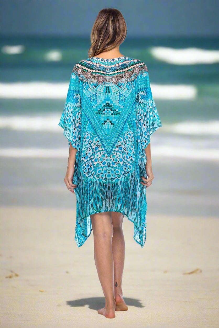 V Neck Printed Short Caftan Dress/Cover Up in Silk - La Moda Clothings