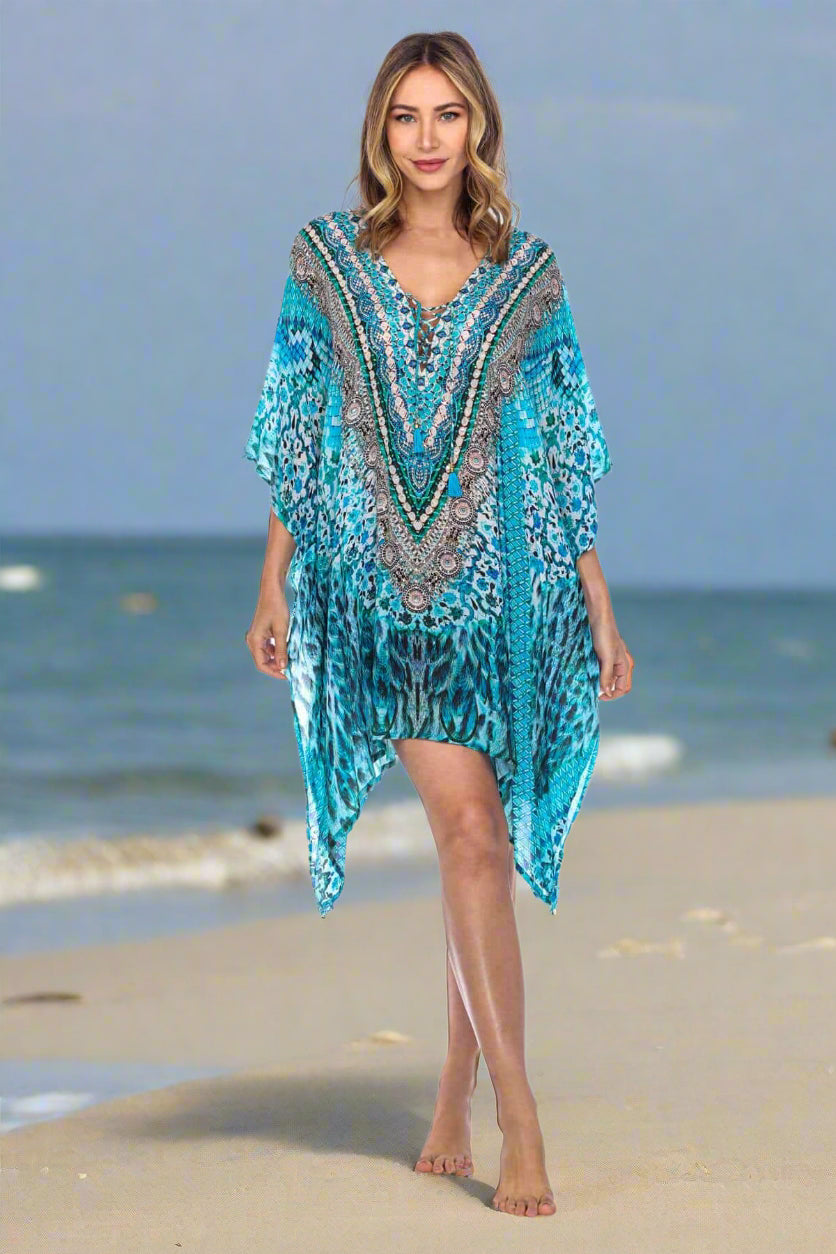 V Neck Printed Short Caftan Dress/Cover Up in Silk - La Moda Clothings