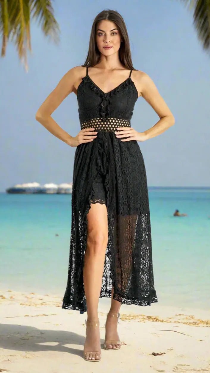 Lace Romper Beach Dress with Shorts - Designer Jumpsuit | Elegant Kaftan Cover Up Dress | Club Moda USA