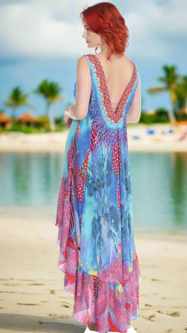 Designer High Low Polyester Multi-Color Dress - La Moda Clothings