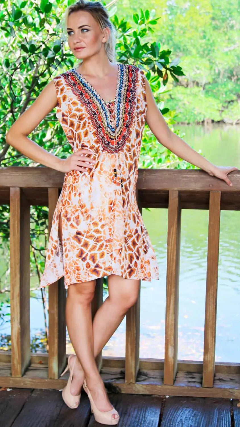 Printed Sleeveless V-Neck Beach Cover Up Dress - La Moda Clothings