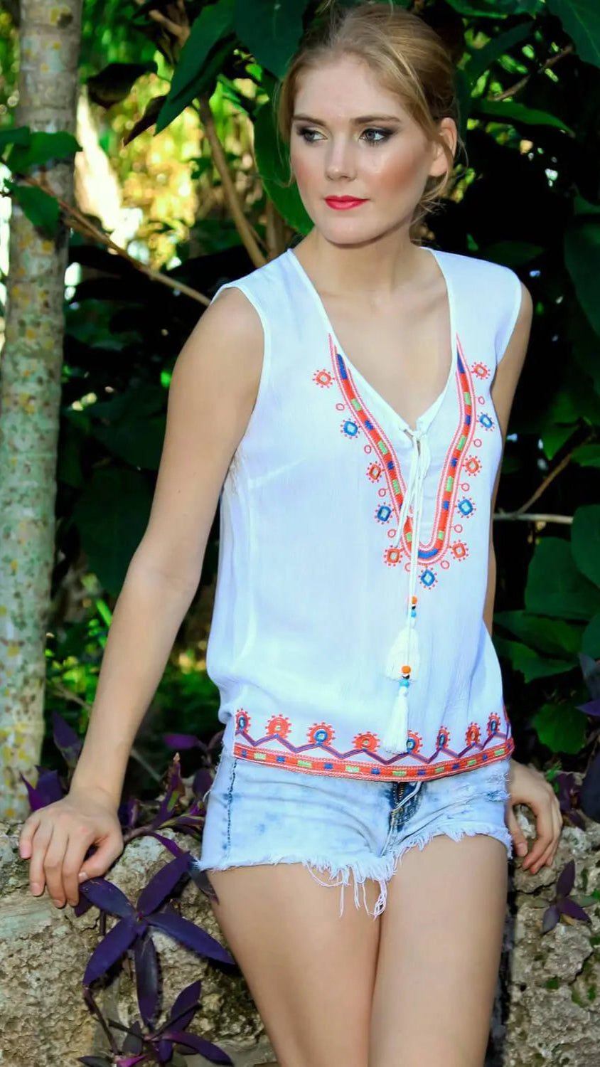 Embroidered Top with Cross Lace and Tassels - La Moda Clothings