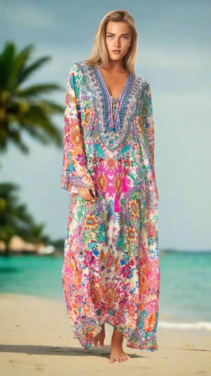 Long Caftan Dress with Sleeves - Designer Caftan | Elegant Kaftan Cover Up Dress | Club Moda USA