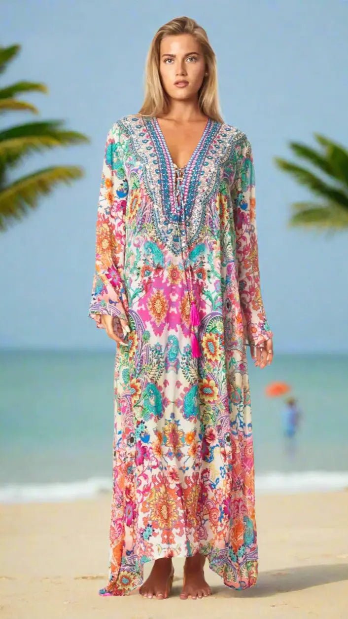 Long Caftan Dress with Sleeves - Premium Resort Wear | Luxury Caftan for Vacation & Cruise | Club Moda