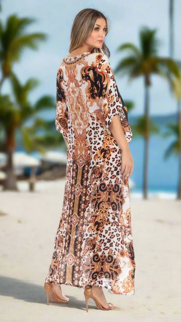 Long Kaftan-Style Robe And Beachwear Dress - Designer Caftan | Elegant Kaftan Cover Up Dress | Club Moda USA
