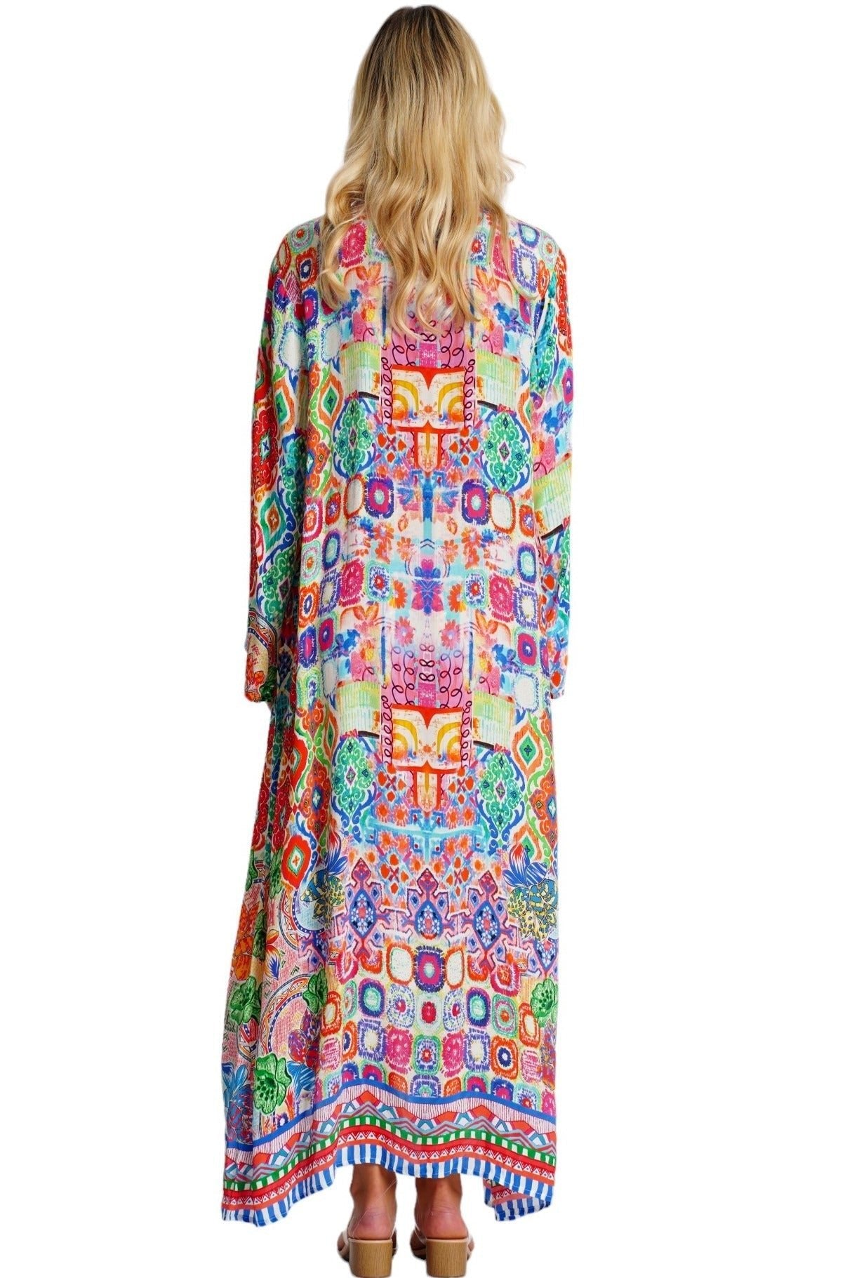 Long Printed Kimono Cover Up – Colorful Bohemian Beach Robe - Side View | Club Moda USA