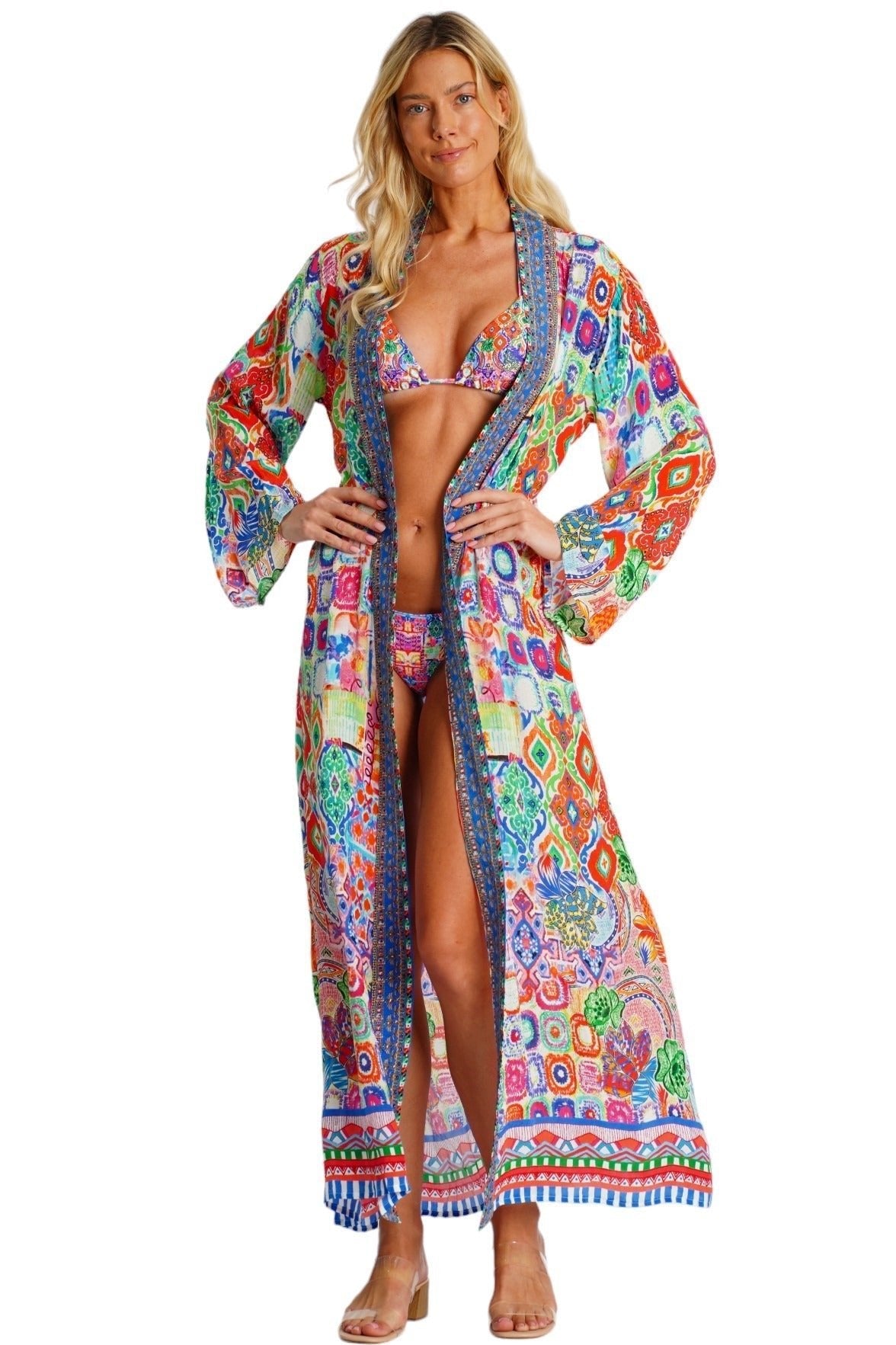 Long Printed Kimono Cover Up – Colorful Bohemian Beach Robe - Detail View | Club Moda USA