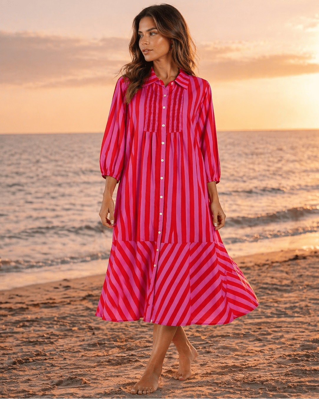 Magenta Pink Candy Stripe Button-Front Midi Shirt Dress — Preppy Resort Dress - Premium Resort Wear | Luxury Shirt Dress for Vacation & Cruise | Club Moda