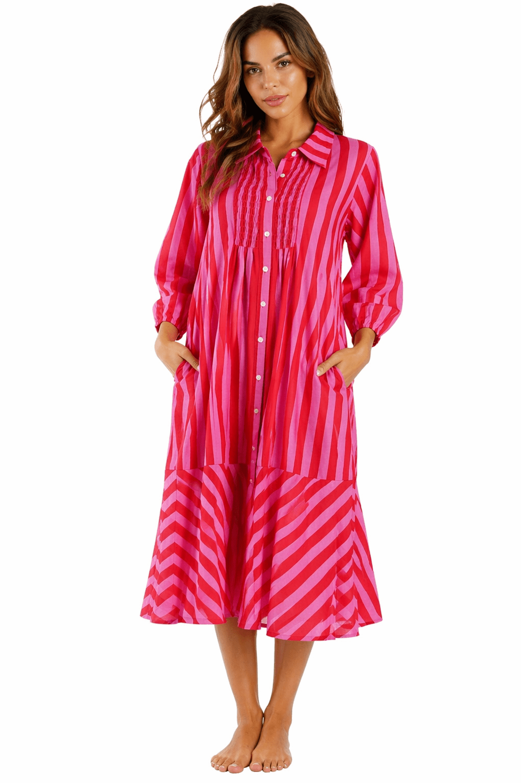 Magenta Pink Candy Stripe Button-Front Midi Shirt Dress — Preppy Resort Dress - Designer Shirt Dress | Elegant Kaftan Cover Up Dress | Club Moda USA