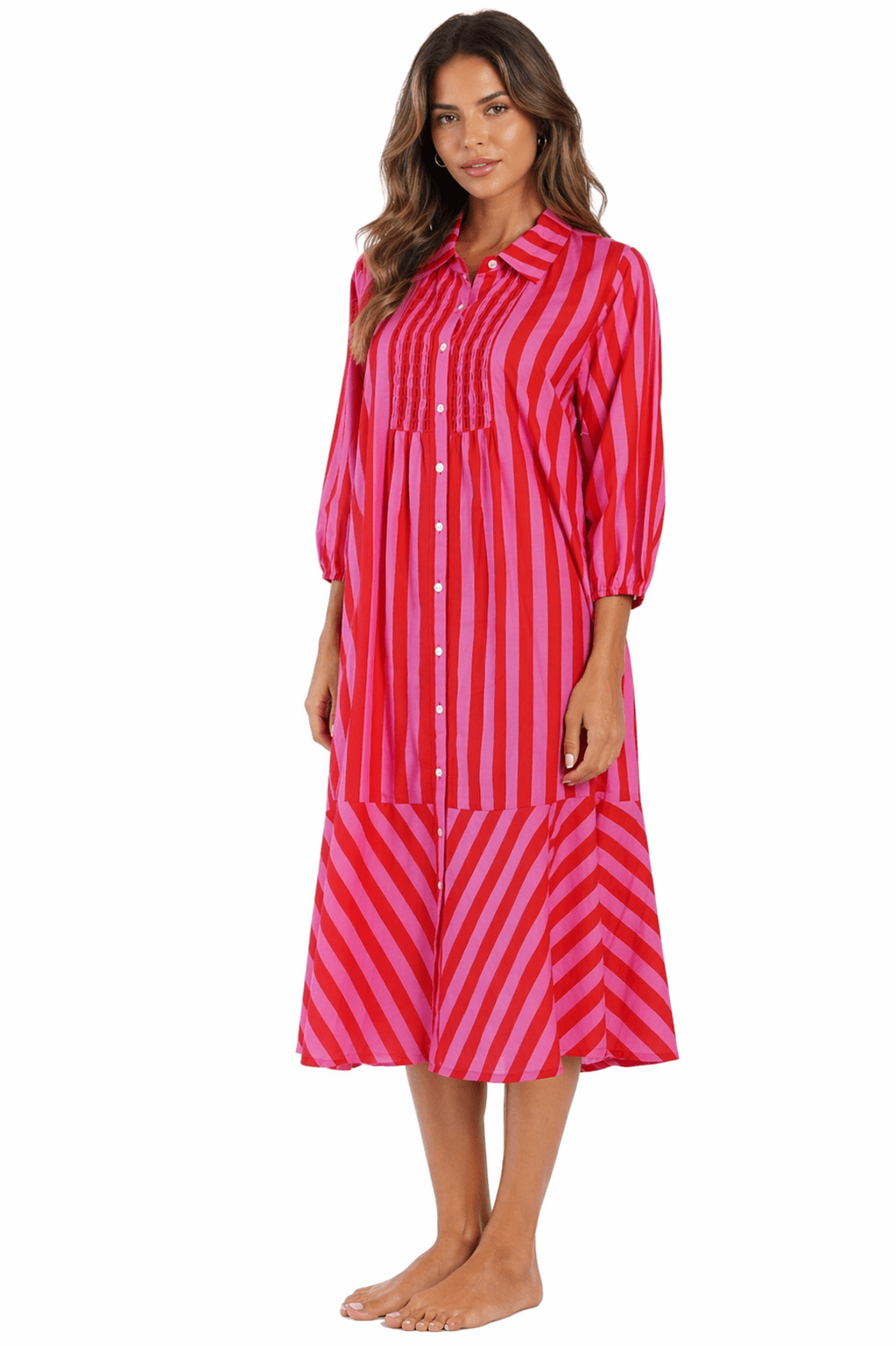 Magenta Pink candy stripe print button-front midi shirt dress — side detail | Shop boho resort dresses at Club Moda