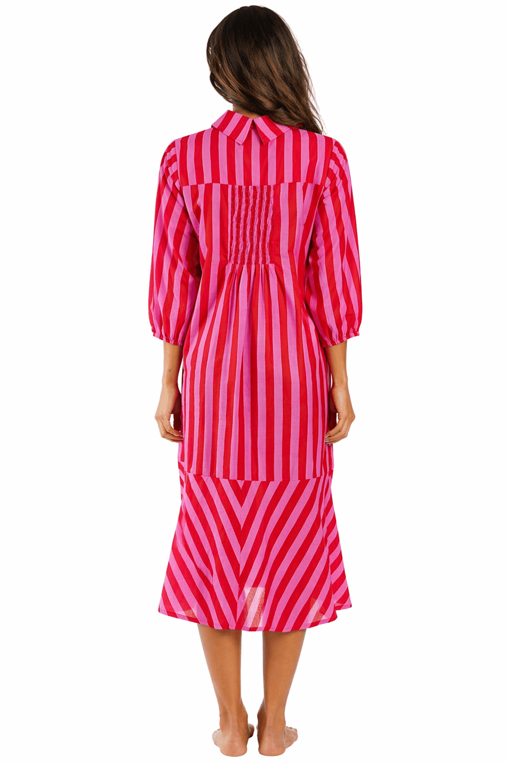 Magenta Pink candy stripe print button-front midi shirt dress — back view | Vacation-ready resort dress