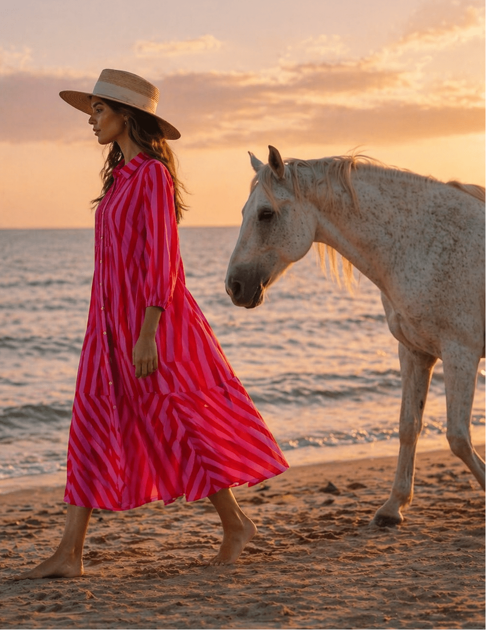 Magenta Pink candy stripe print button-front midi shirt dress — full styling shot | Beach-to-dinner resort dress