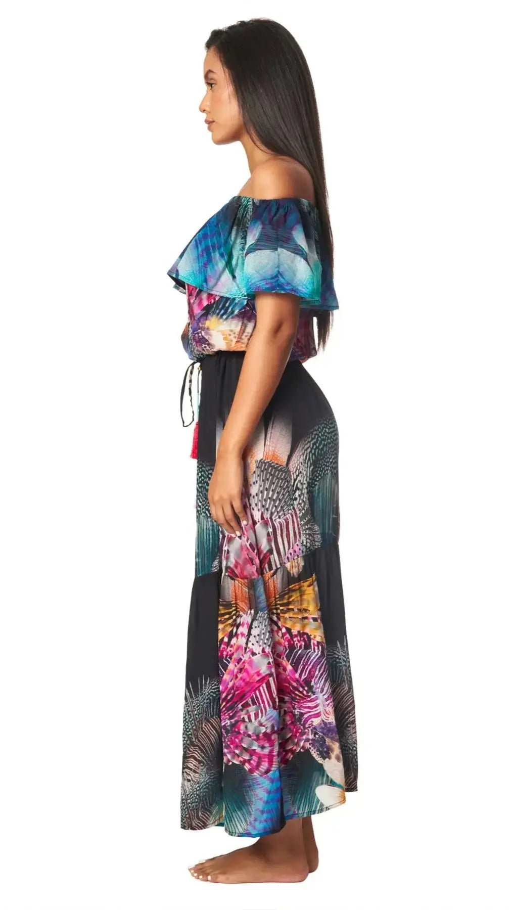 Off-the-shoulder maxi dress cut for warm-weather beach and resort days, alternate view