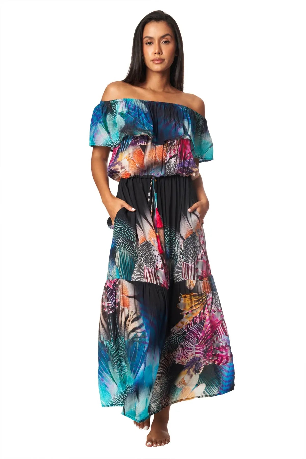 Off-the-shoulder maxi dress cut for warm-weather beach and resort days, further view