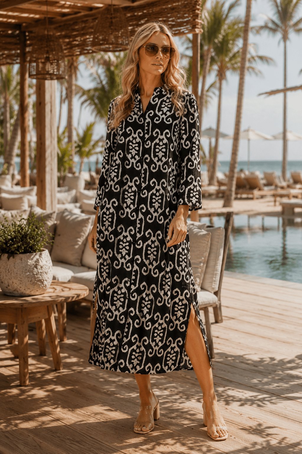 Maxi shirt dress with a button-front placket, shown from another angle