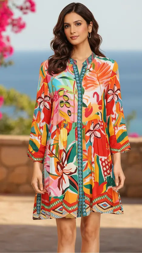 Mediterranean Vacation Dress - Designer Mini Dress | Elegant Kaftan Cover Up Dress | Club Moda USA