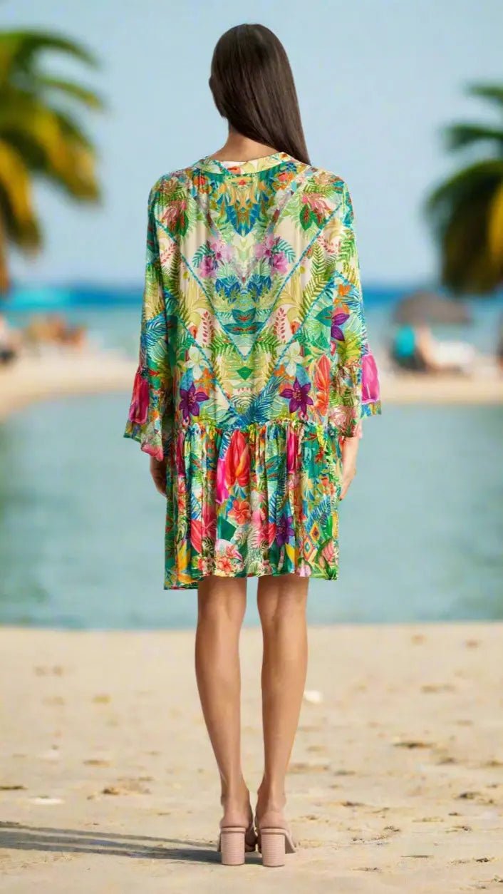 Flowy Beach & Cruise Mini Dress - Designer Mini Dress | Elegant Kaftan Cover Up Dress | Club Moda USA
