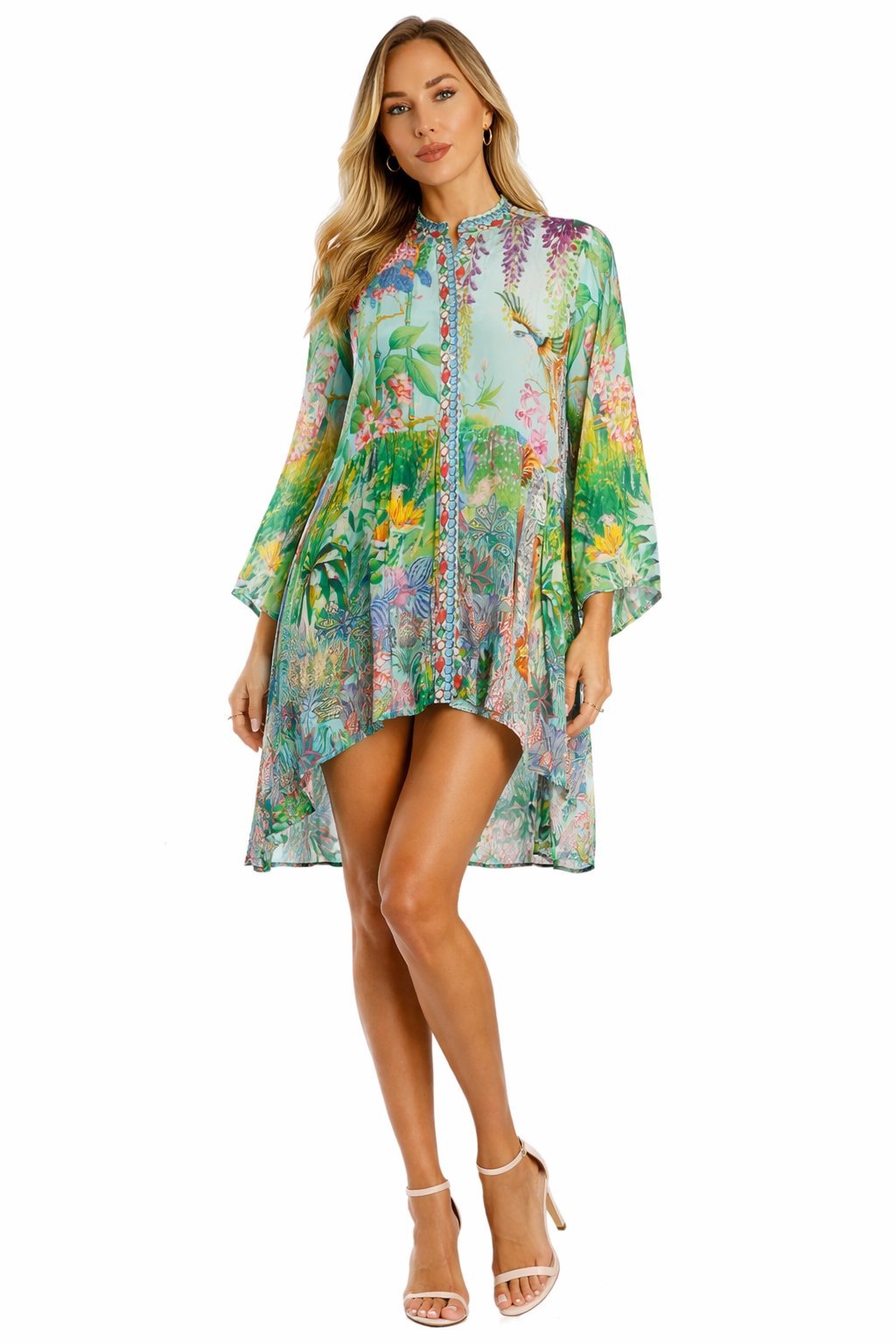 Mint Green tropical botanical butterfly print kaftan tunic beach cover-up — front view | Luxury resort wear from Club Moda
