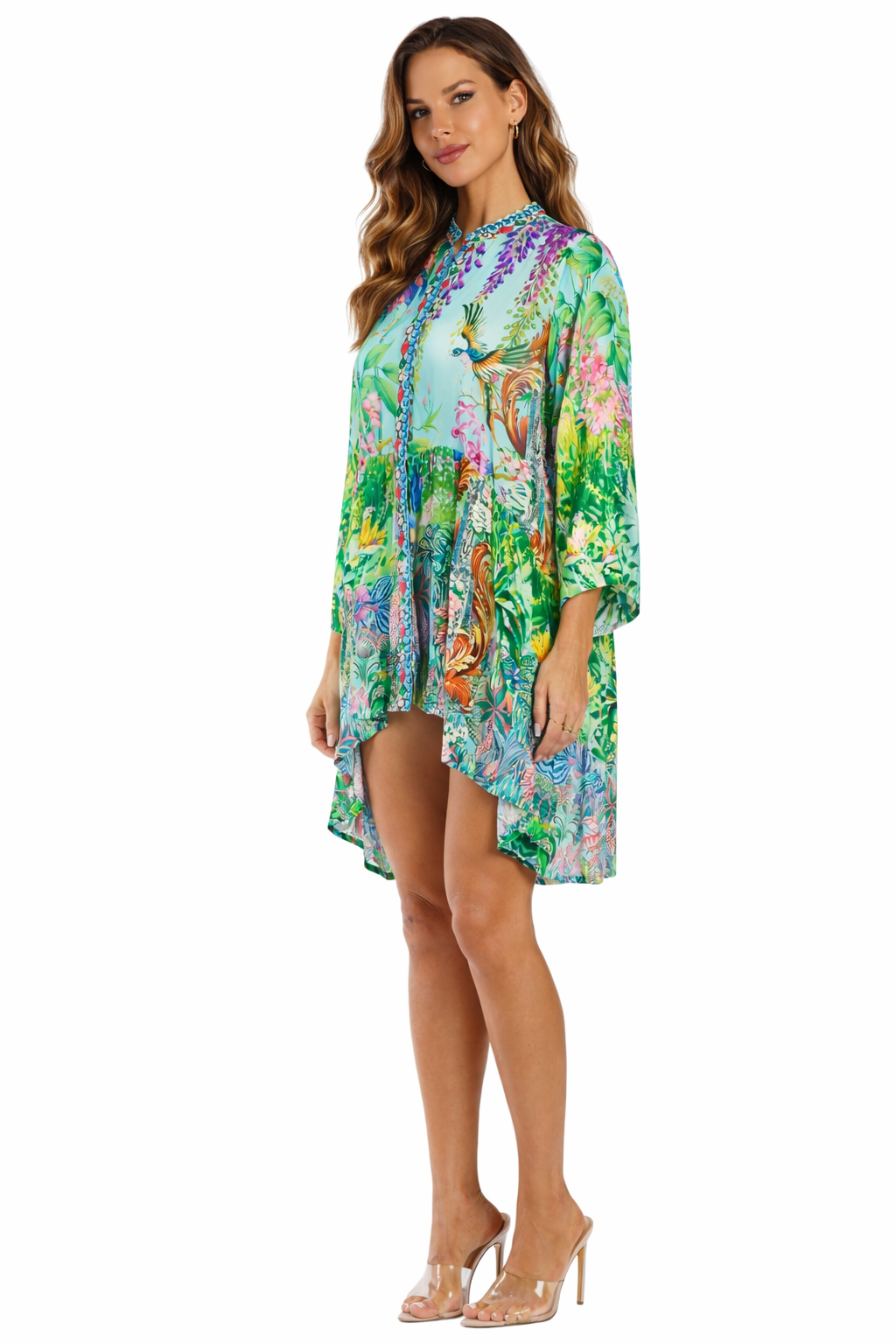 Mint Tropical Botanical High-Low Tunic Kaftan — Butterfly Print Beach Cover-Up - Designer Caftan | Elegant Kaftan Cover Up Dress | Club Moda USA