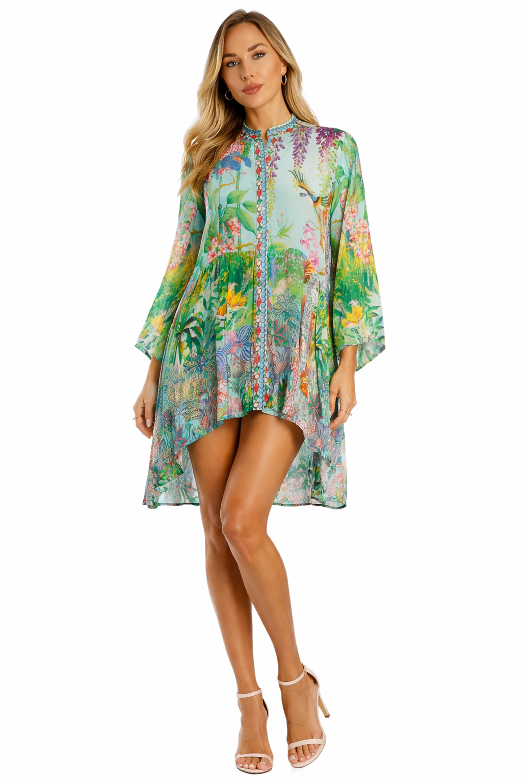 Mint Green tropical botanical butterfly print kaftan tunic beach cover-up — front view | Luxury resort wear from Club Moda