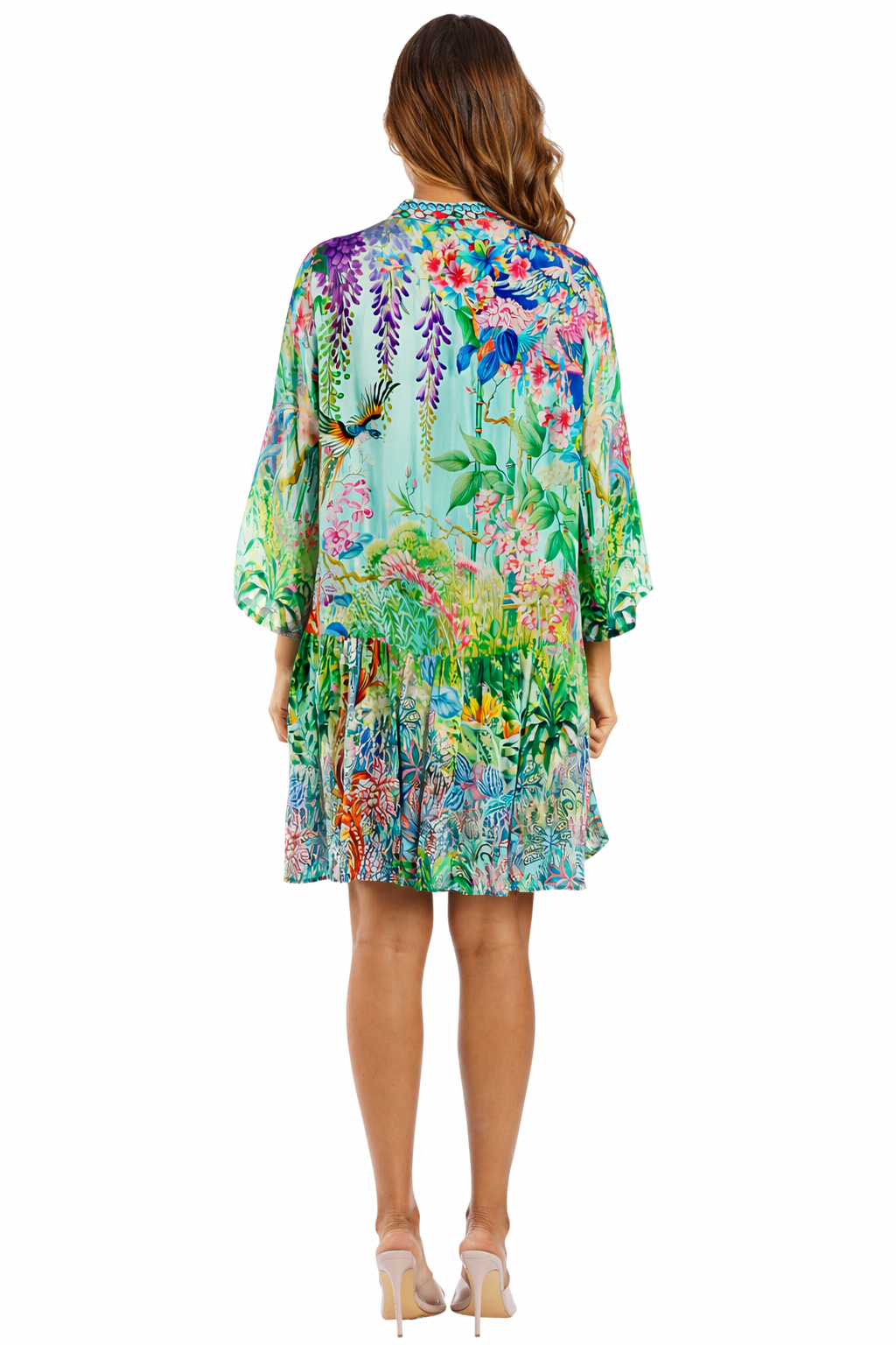 Mint Green tropical botanical butterfly print kaftan tunic beach cover-up — side detail | Shop boho resort dresses at Club...