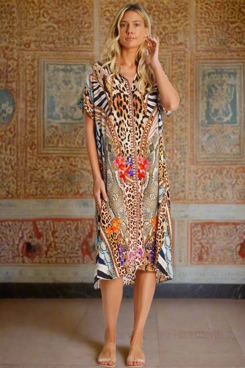 Mixed Animal Pattern Shirt Dress - Designer Shirt Dress | Elegant Kaftan Cover Up Dress | Club Moda USA