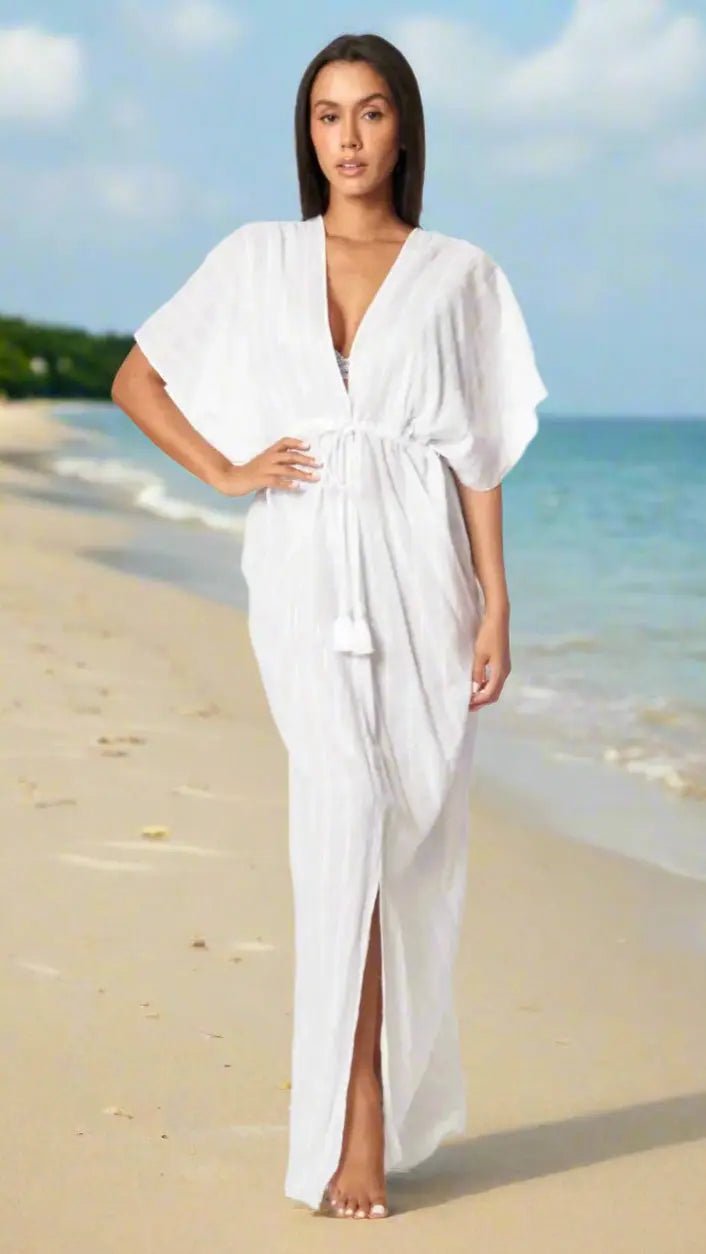 Moda Long Kaftan-Style White Beachwear Cover Up - Premium Resort Wear | Luxury Caftan for Vacation & Cruise | Club Moda