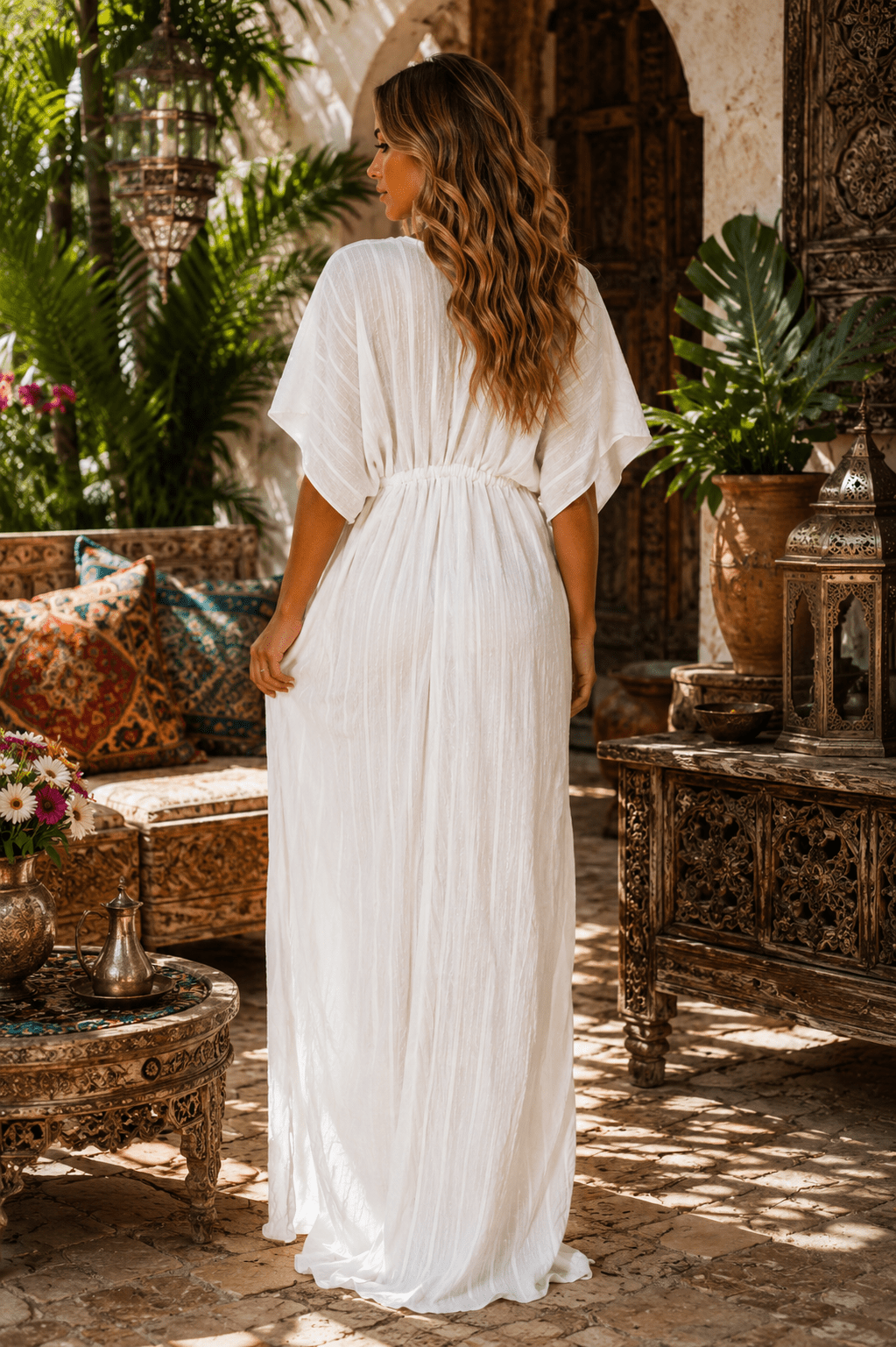 Moda Long Kaftan-Style White Beachwear Cover Up - Designer Caftan | Elegant Kaftan Cover Up Dress | Club Moda USA