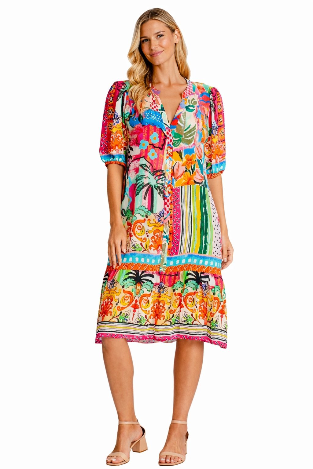 Palm print dress cut for warm-weather beach and resort days, further view