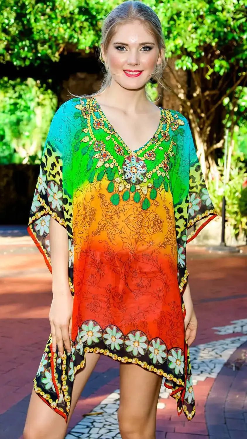 Multi Color Sheer Kaftan / Cover Up - Designer Caftan | Elegant Kaftan Cover Up Dress | Club Moda USA