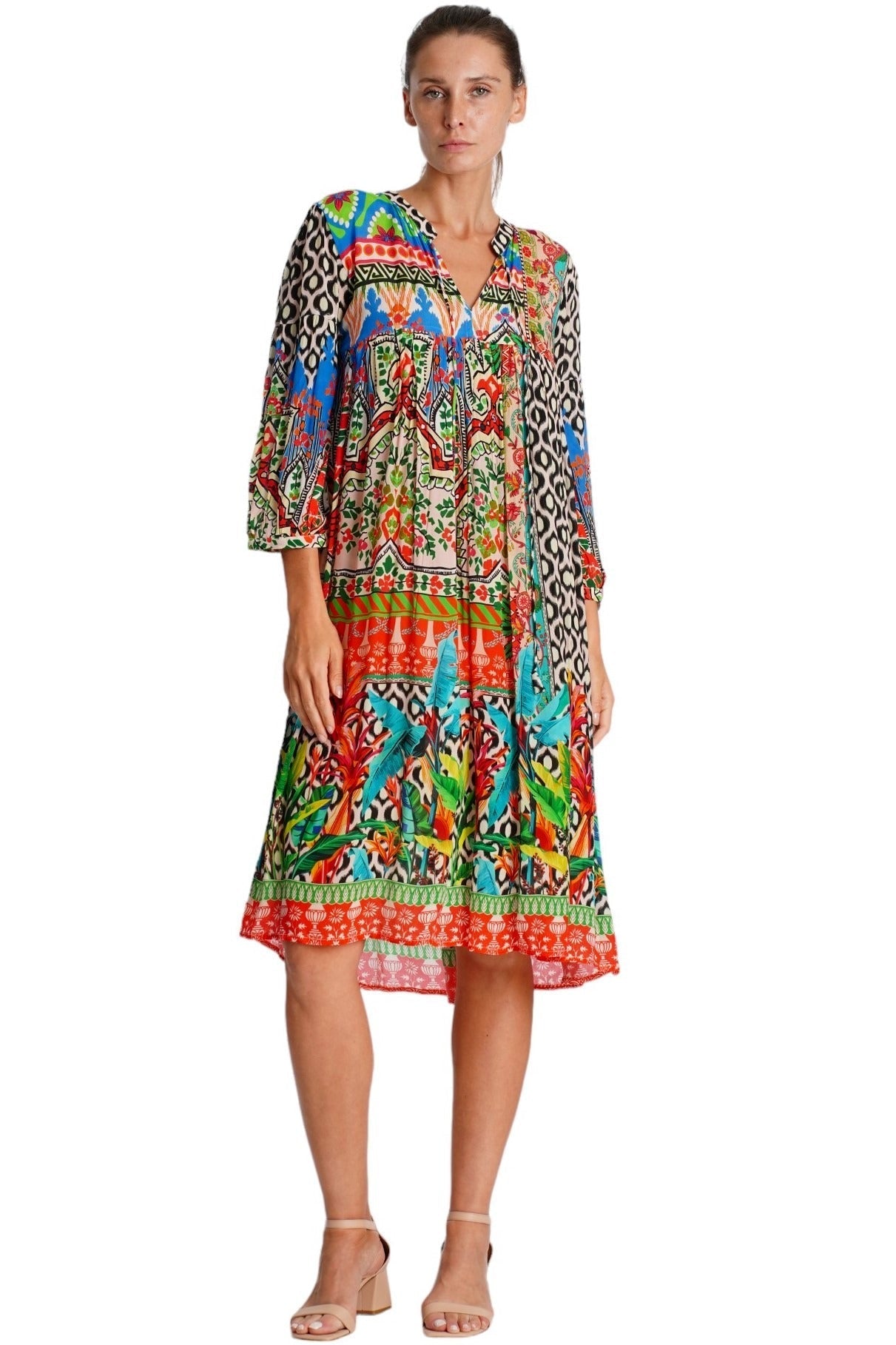 Multicolor Boho Tribal Print Midi Dress - front view - Club Moda USA luxury resort wear