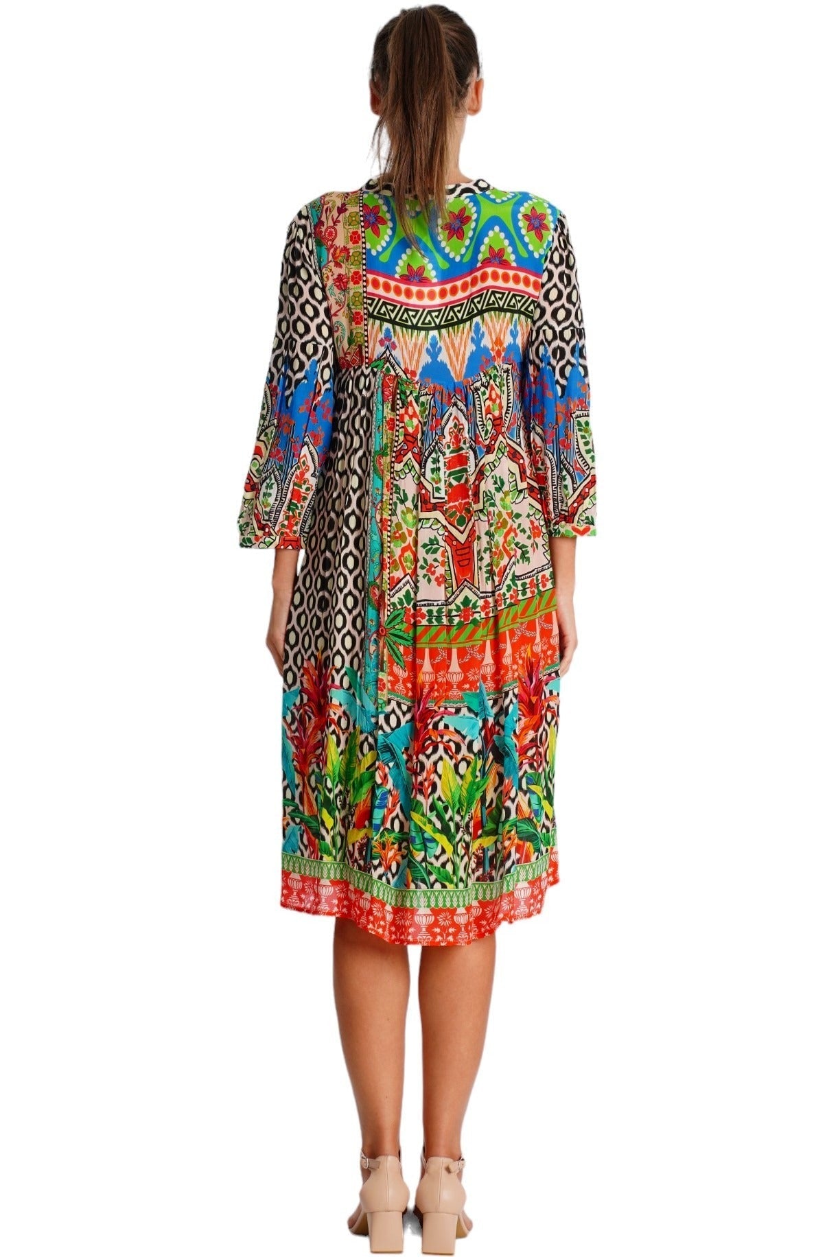 Multicolor Boho Tribal Print Midi Dress - detail close-up - Club Moda USA vacation dress