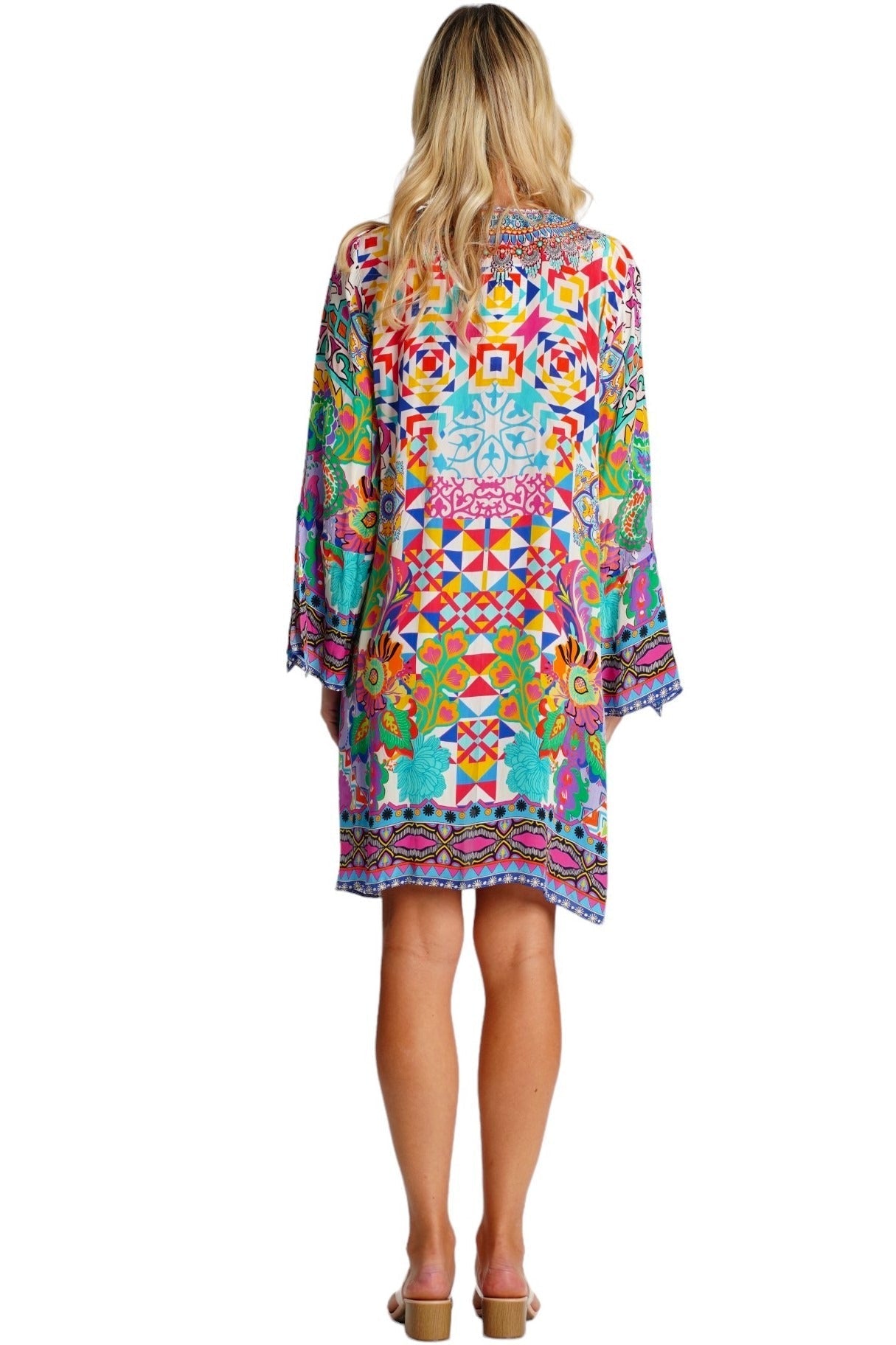Multicolor Kaleidoscope Mosaic Kaftan Mini Dress - detail close-up - Club Moda USA vacation dress
