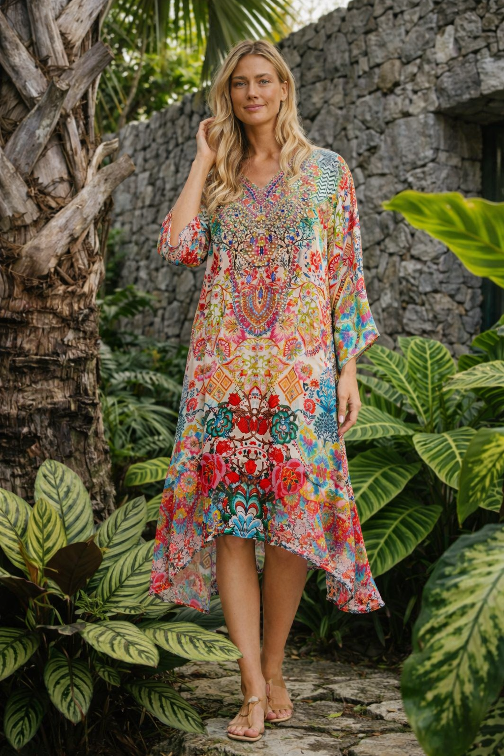 Multicolor Paisley Baroque Kaftan Midi Dress - Premium Resort Wear | Luxury Caftan for Vacation & Cruise | Club Moda