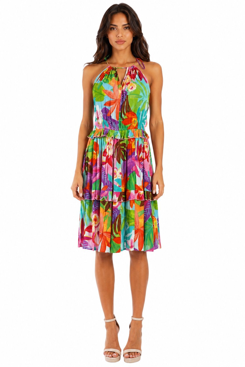 Multicolor tropical floral halter tiered mini beach vacation dress by Club Moda — front view