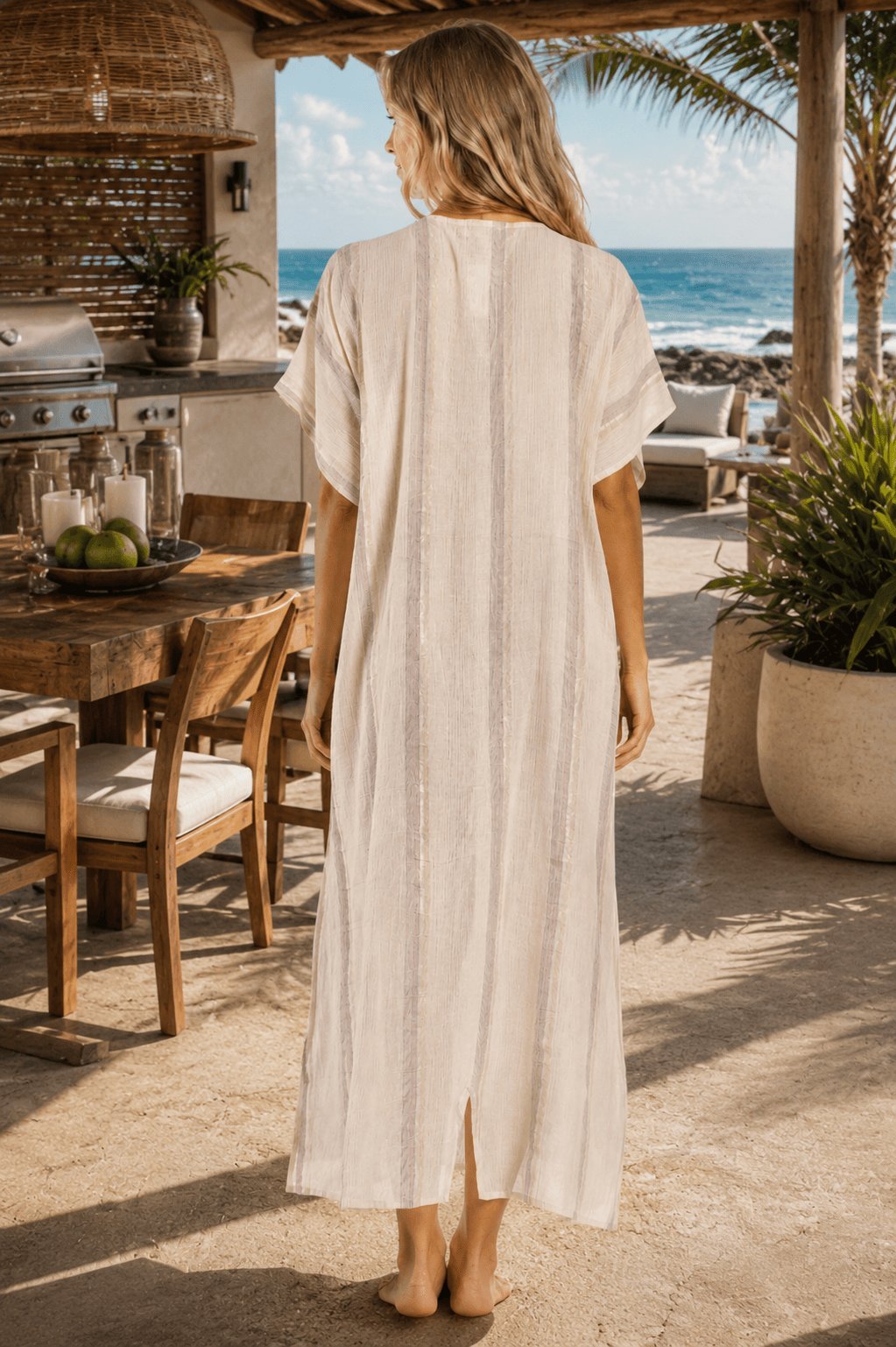 Natural striped lace-up tassel long kaftan, shown from another angle